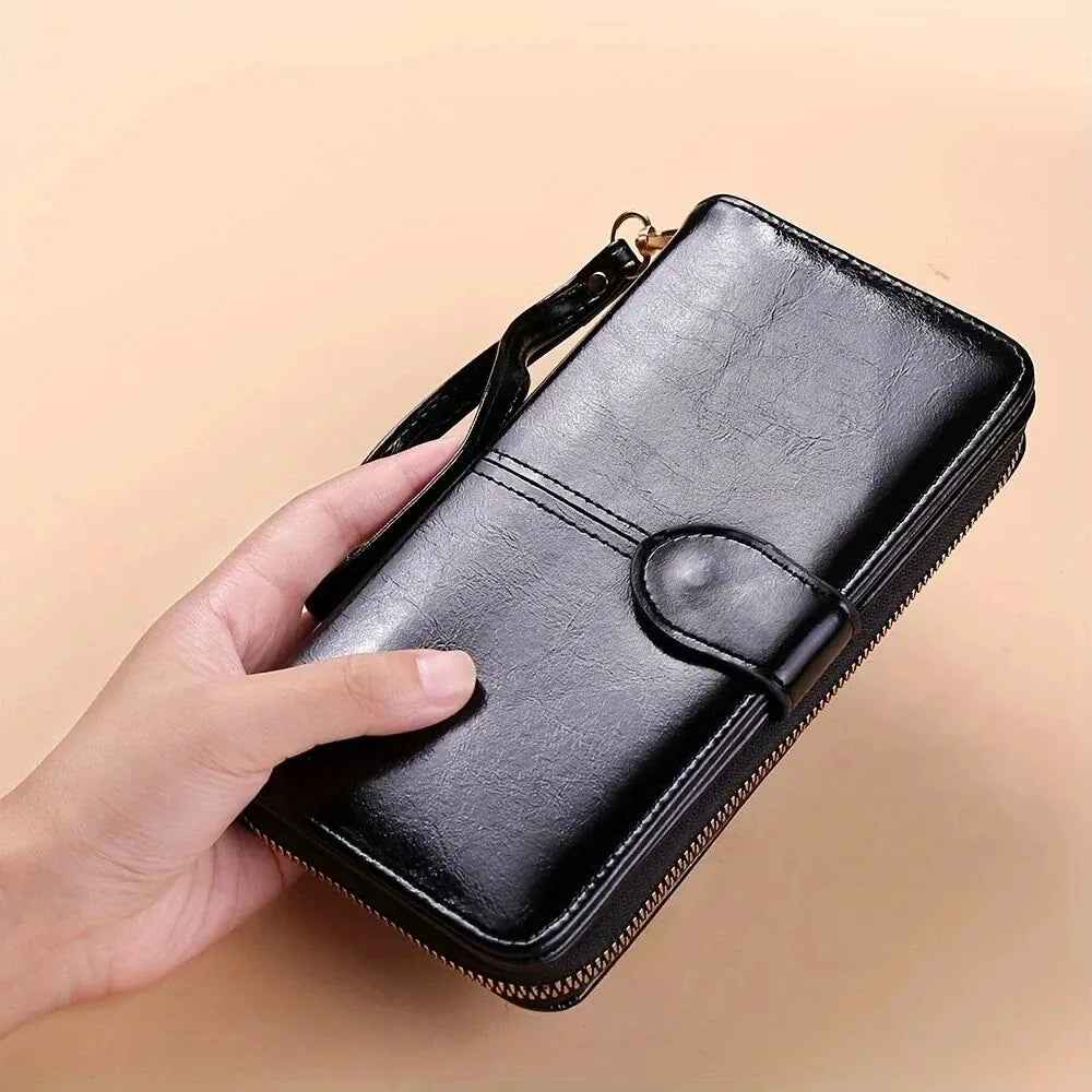 Women's Vintage Oil Wax PU Leather Clutch Wallet Female Large Capacity Phone Purse Ladies Wristband Simple Card Holder Pouch Bag - Smarsty
