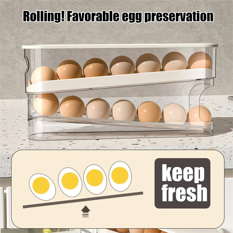 1PCS Home Refrigerator Egg Storage Box Automatic Rolling Eggs Holder Rack Egg Roller Organizer Kitchen Countertop Egg Shelf