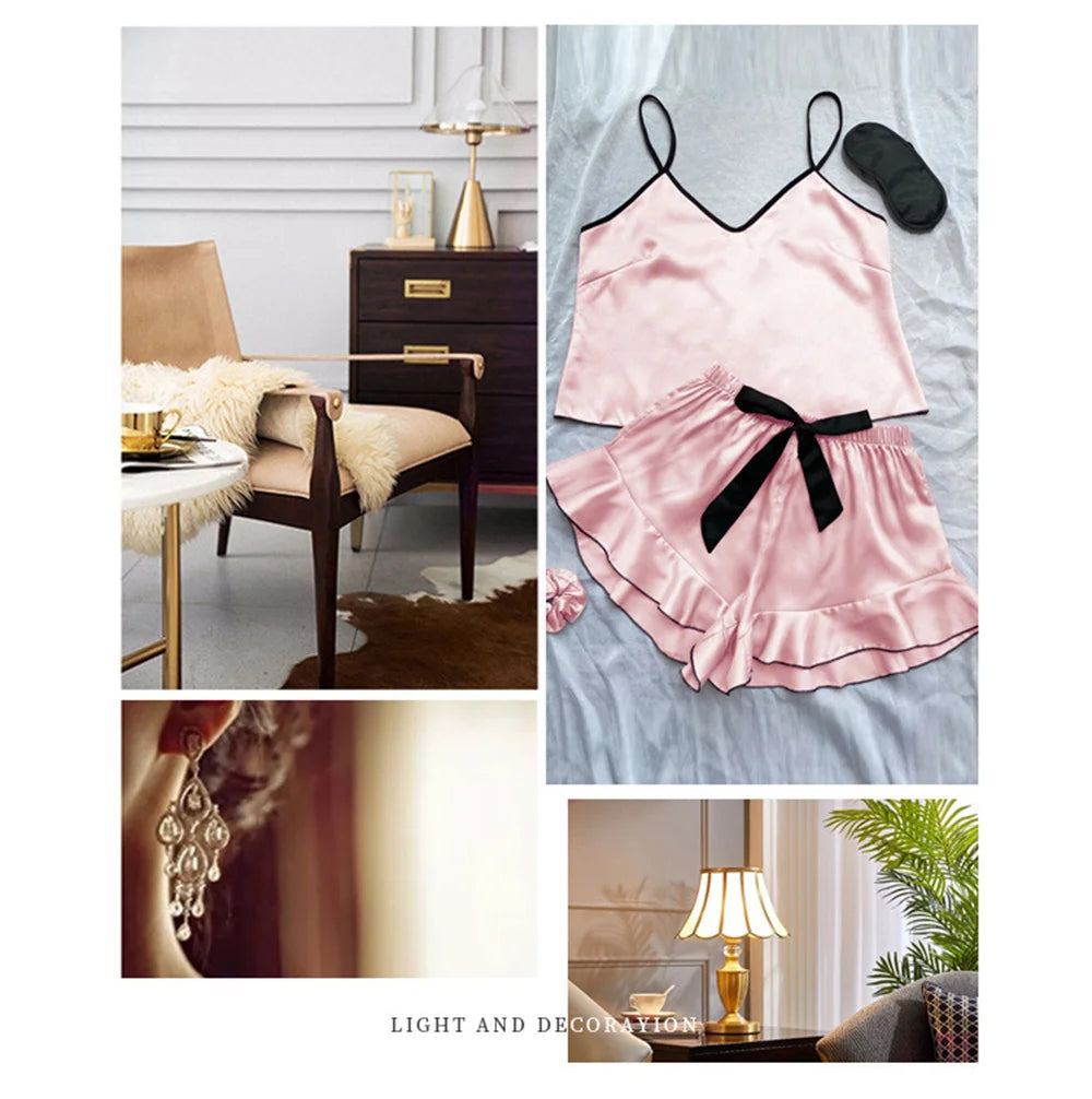 Women's Smooth Satin Pajamas V-Neck T-Shirt Ruffled Edges And Bow Shorts Simple And Breathable Pajama Set Sling Home Clothing - Smarsty