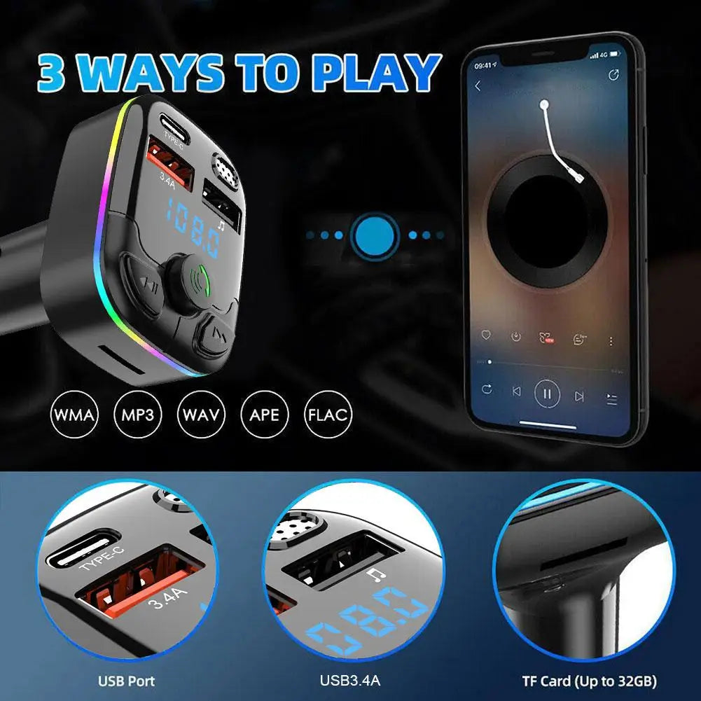 Bluetooth 5.0 Car FM Transmitter PD Type-C Dual USB Ambient Player Handsfree MP3 Charger Type-C Wireless Light PD QC3.0 Adapter - Smarsty