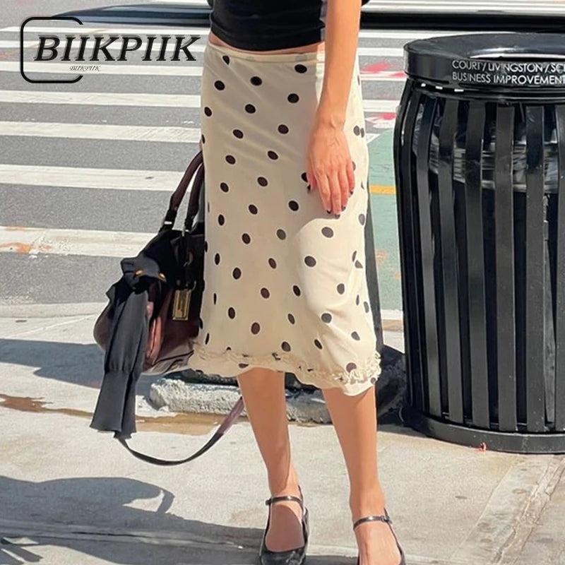 BIIKPIIK Casual Women Polka Dot Skirts Lettuce Trim Beige Elegant Midi Skirts Streetwear Simple All-match Bottom Clothing Spring - Smarsty