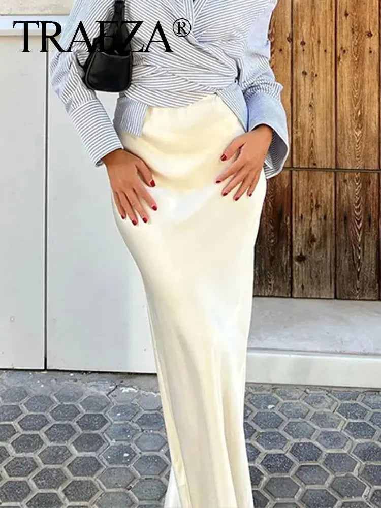 TRAFZA 2024 Y2K Casual Women Long Skirt Spring Elastic High Waisted A-Line Casual Female Satin Skirts High Street Lady Skirts - Smarsty
