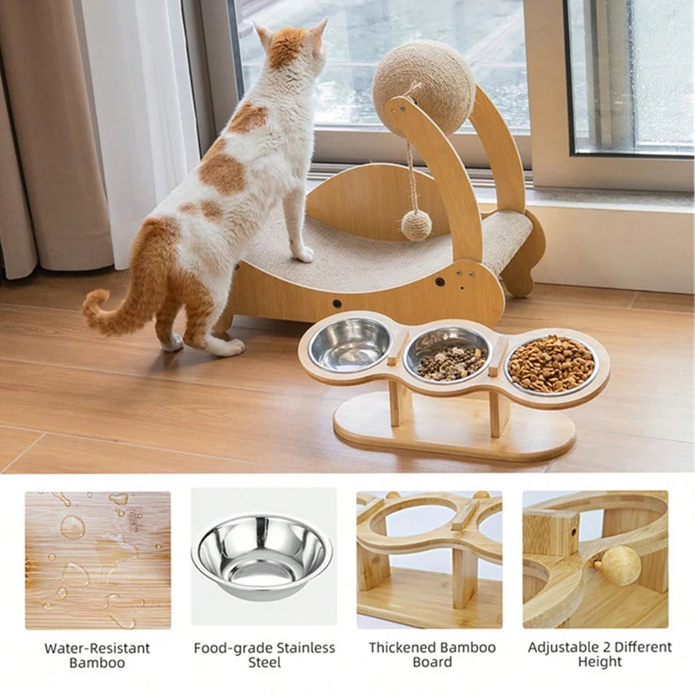 Tilted Raised Cat Feeder with Three Stainless Steel Bowls - Smarsty
