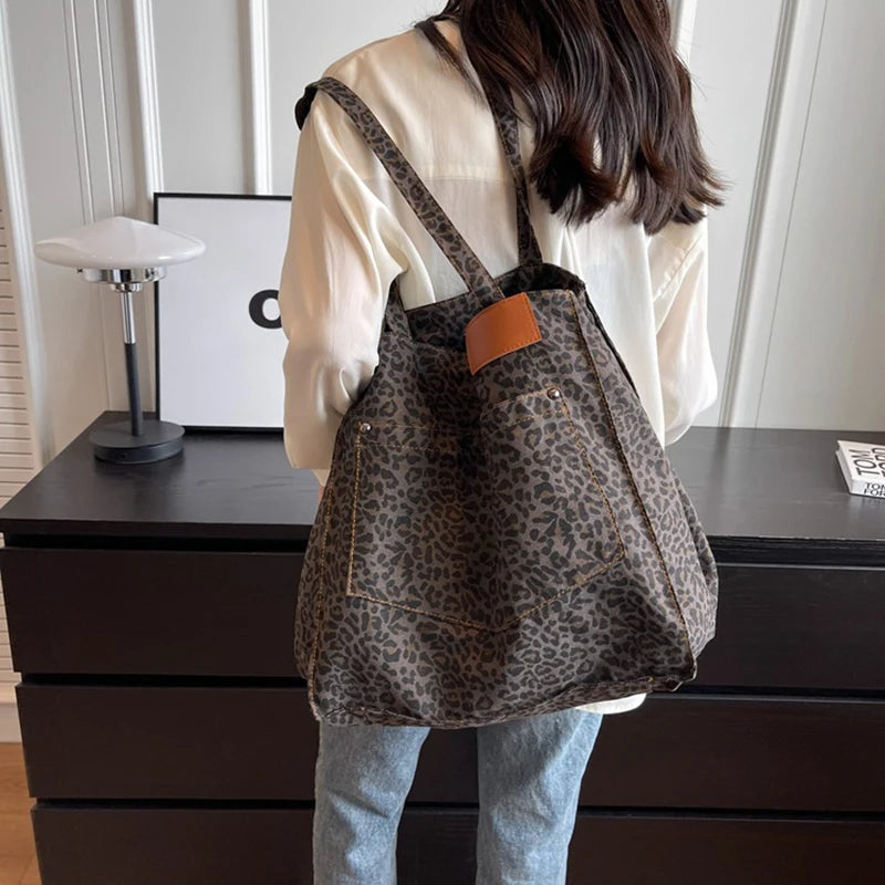 Leopard Pattern Tote Bag Vintage Canvas With Large Capacity - Smarsty