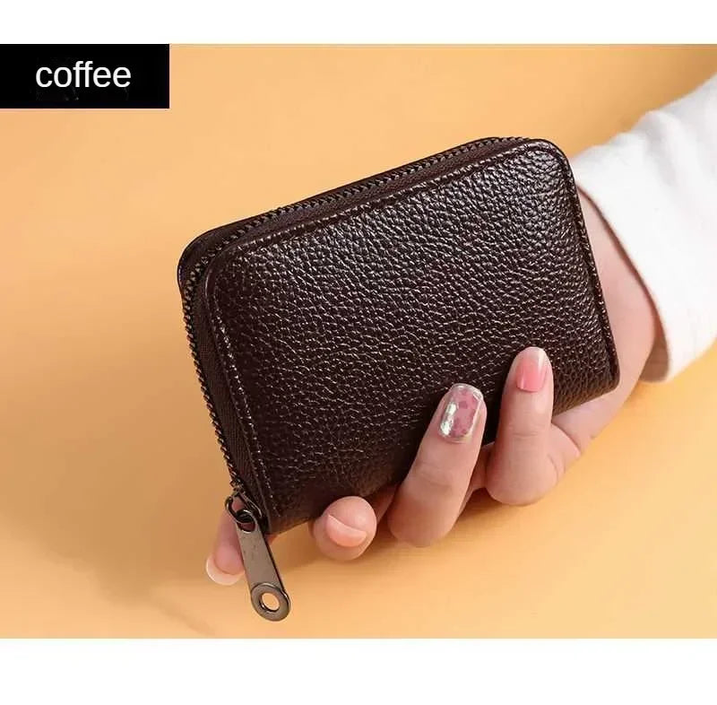 Multi Slot Card Holder Vintage Small Wallet Women Men Business Bank Credit Card Bag Male Coin Pouch Solid Leather Zipper Wallet - Smarsty