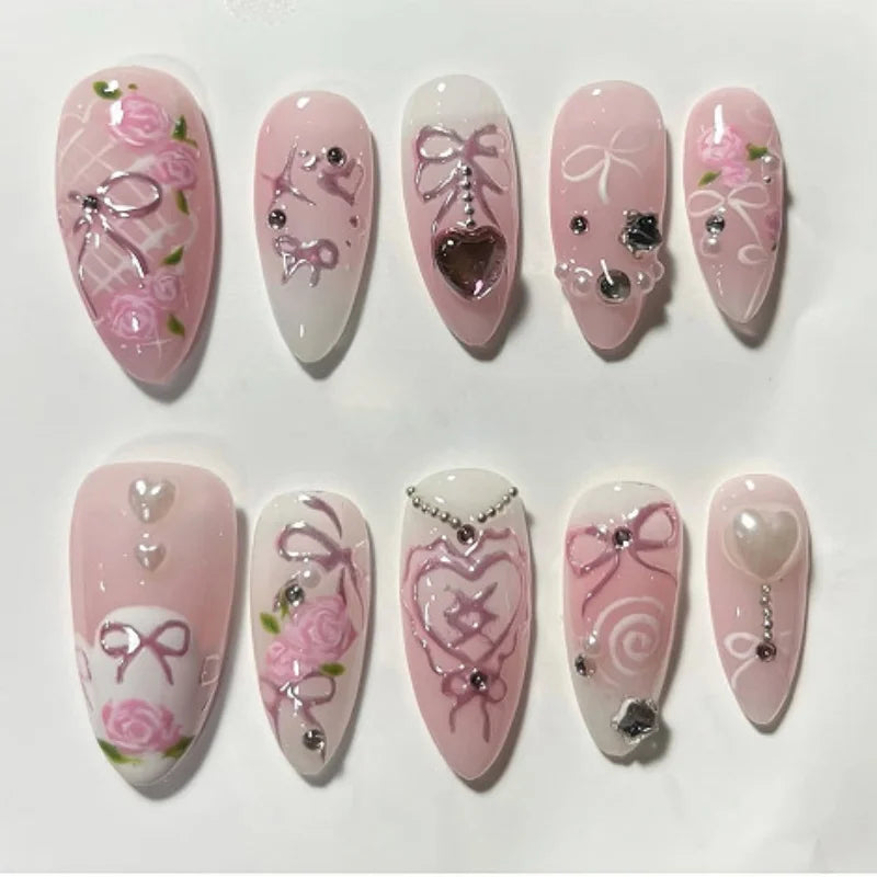 Colorful Press On Almond Nails Set with Pearl Flowers - Smarsty
