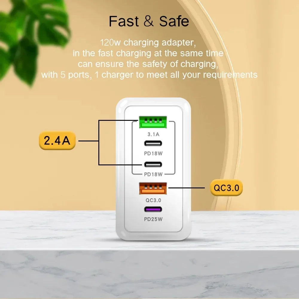 120W 5 Port USB PD Charger Fast Charging Wall Adapter - Smarsty