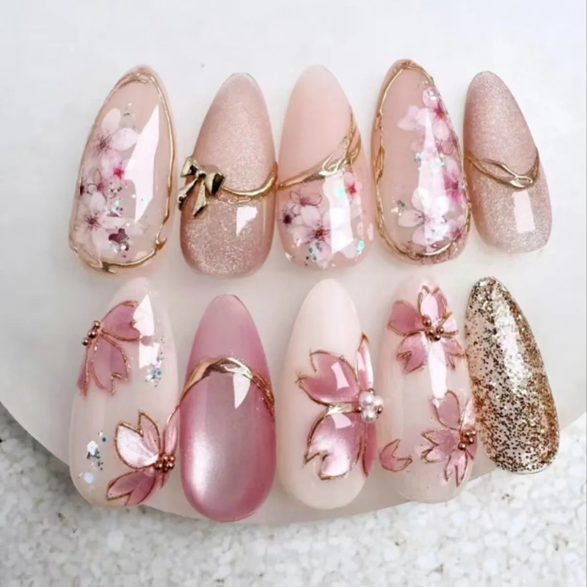 Colorful Press On Almond Nails Set with Pearl Flowers - Smarsty