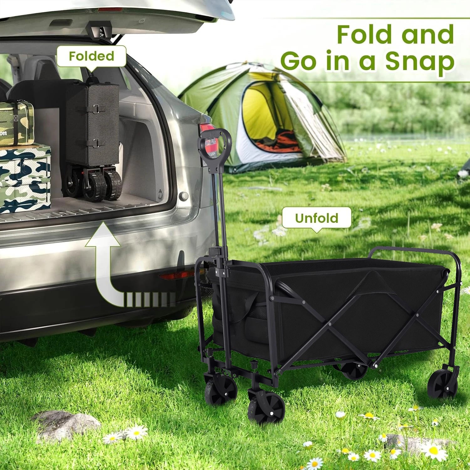 Heavy Duty Wagon Carts Foldable, Portable Wagons for Groceries, Beach Cart with All-Terrain Wheels Drink Holders, Utility Wagon