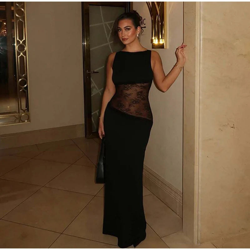 Elegant Lace Halter Dress Women Slim V-neck Backless Evening Long Dresses Woman Sleeveless Vintage Party Robe Lady Spring Summer - Smarsty