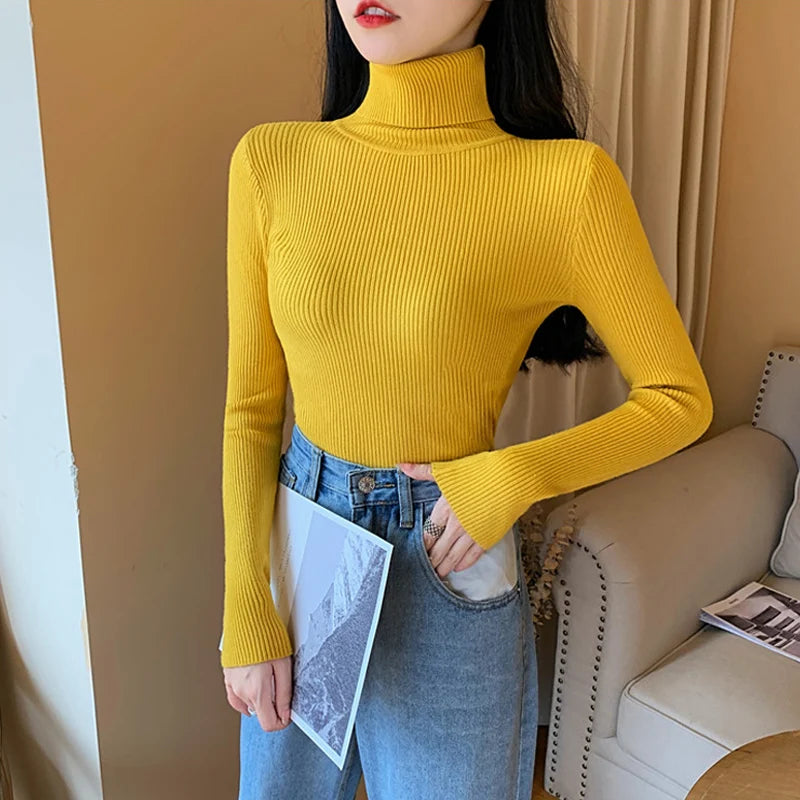 2025 Autumn Winter Women Long Sleeve Knitted Foldover Turtleneck Ribbed Pull Sweater Soft Warm Femme Jumper Pullover Clothes - Smarsty