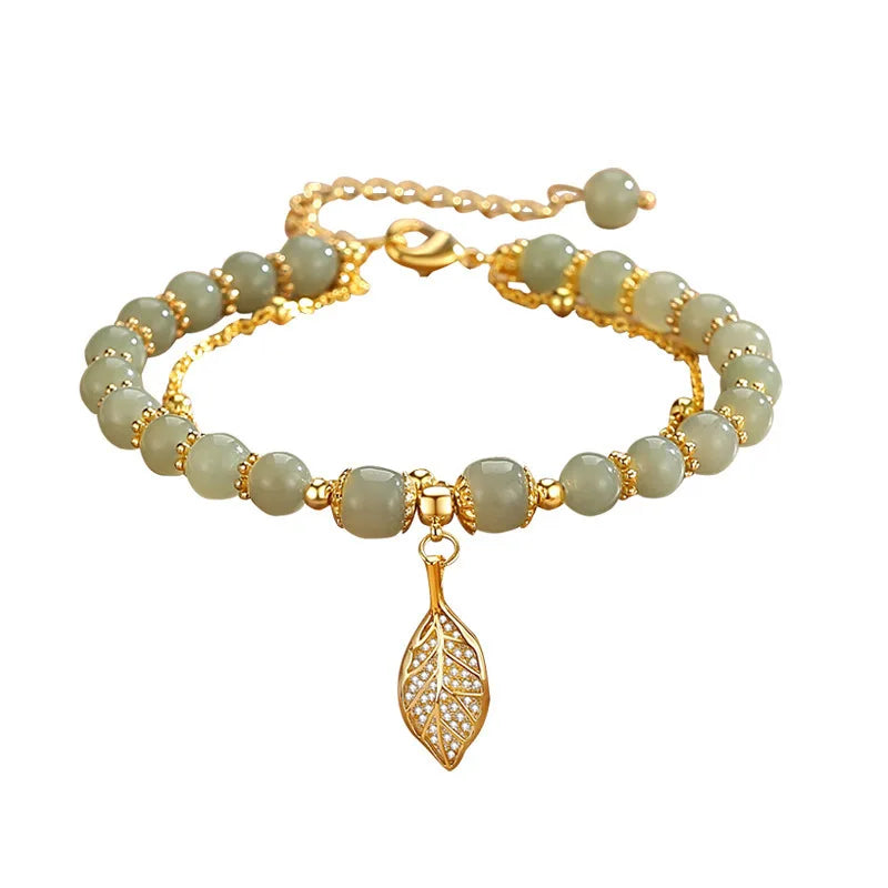 Exquisite Green Jade Bracelet for Women with Gold Leaves - Smarsty