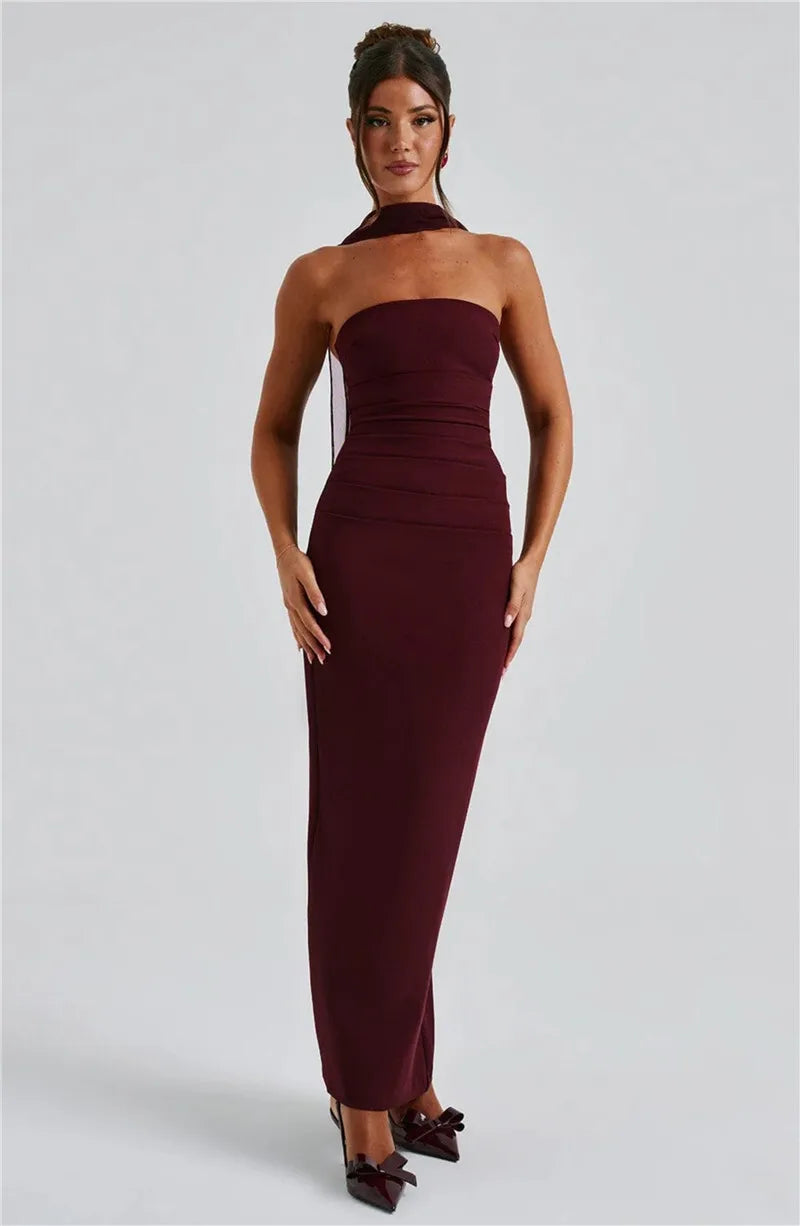 Mozision Scarf Collar Strapless Sexy Maxi Dress For Women Fashion Off-shoulder Backless Bodycon Club Party Long Dress Elegant - Smarsty