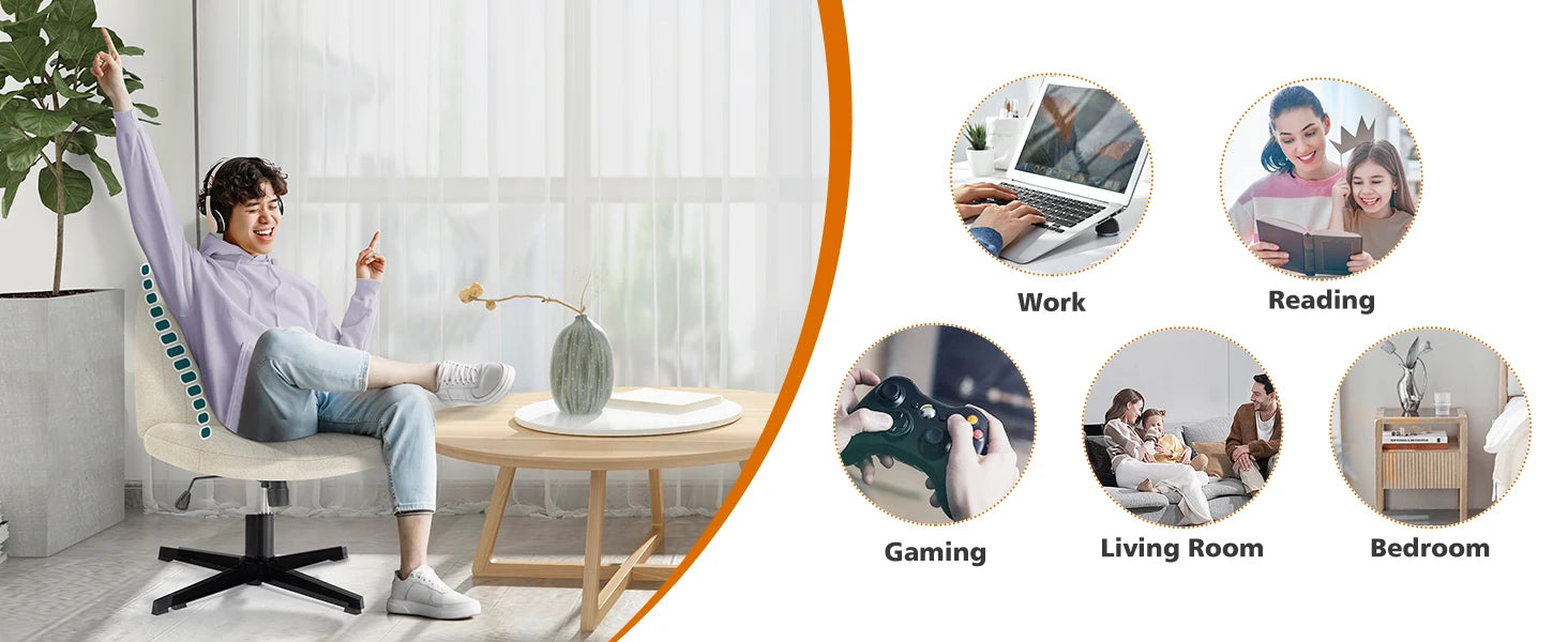 Cross Legged Office Living Room Rocking Gaming Chair Armless Wide Desk Adjustable Swivel Fabric Task Vanity Home Office