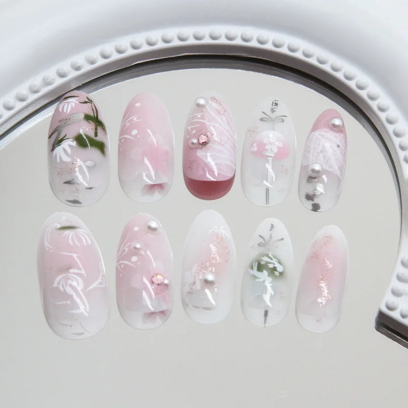 24Pcs Pink Almond False Nails with French Design - Smarsty
