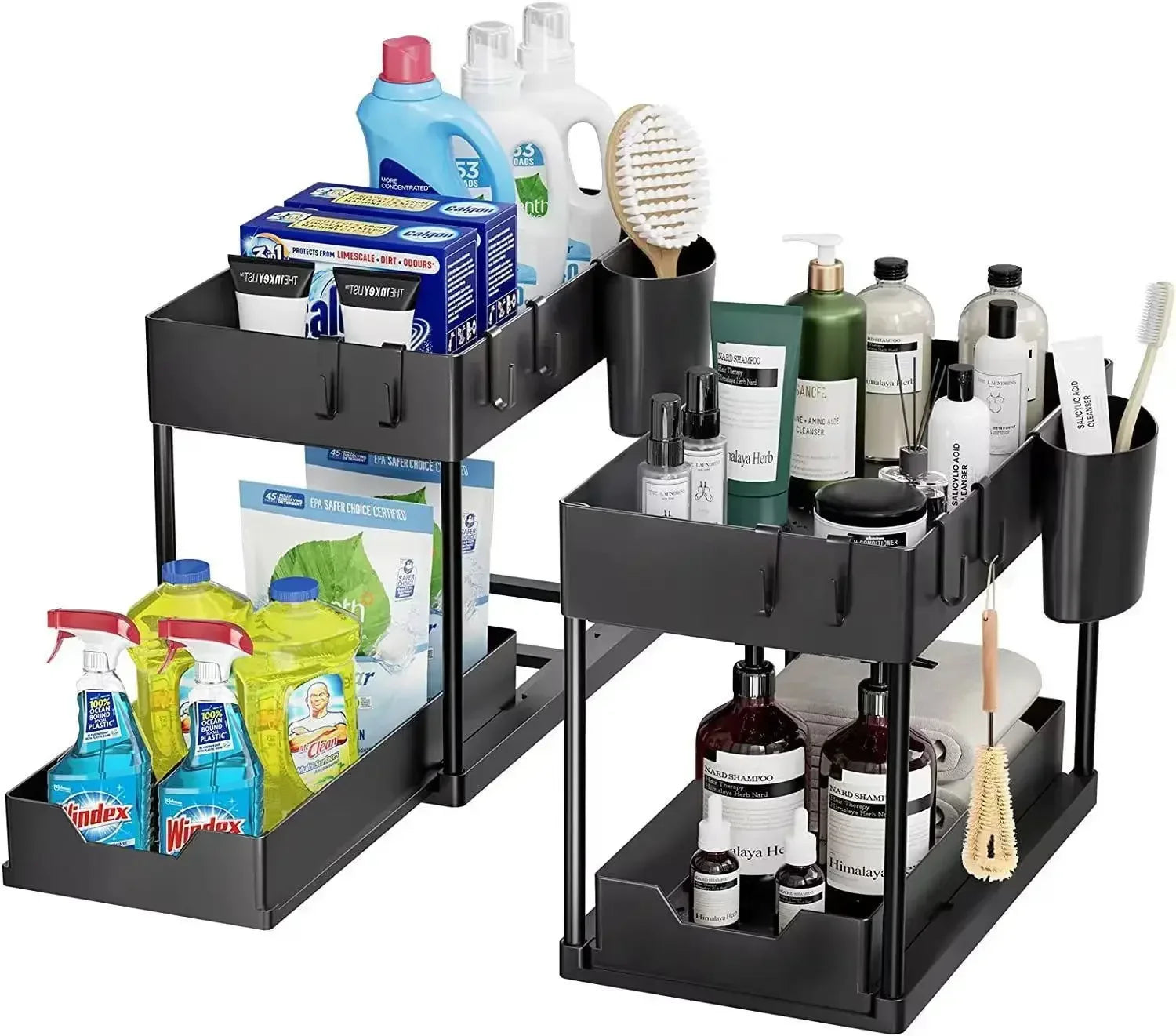 2 Tier Under Sink Organizer Sliding Cabinet Basket Organizer Storage Rack with Hooks Hanging Cup Bathroom Kitchen Organizer by Smarsty