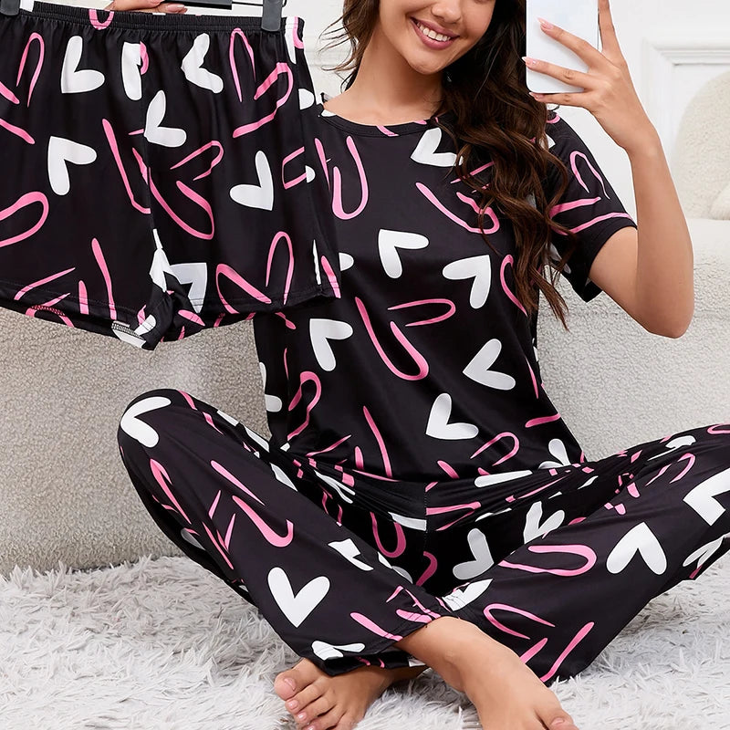 Women's Short Sleeve Crew Neck Top With Shorts And Pants 3 Piece Loungewear Sleepwear Lounge Sets Nighty Print Casual Pajama Set - Smarsty