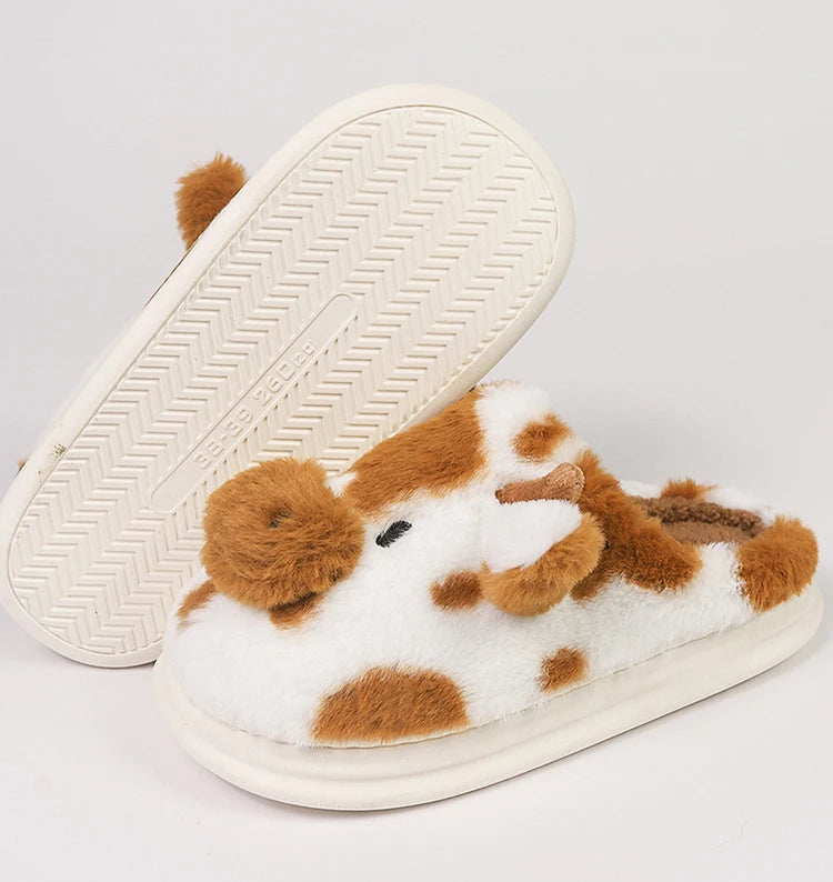 Casual Fluffy Slippers Women House Cute Cartoon Cow Designer Shoes Girl Flat Fashion Elegant Plush Winter Platform Footwear Home - Smarsty