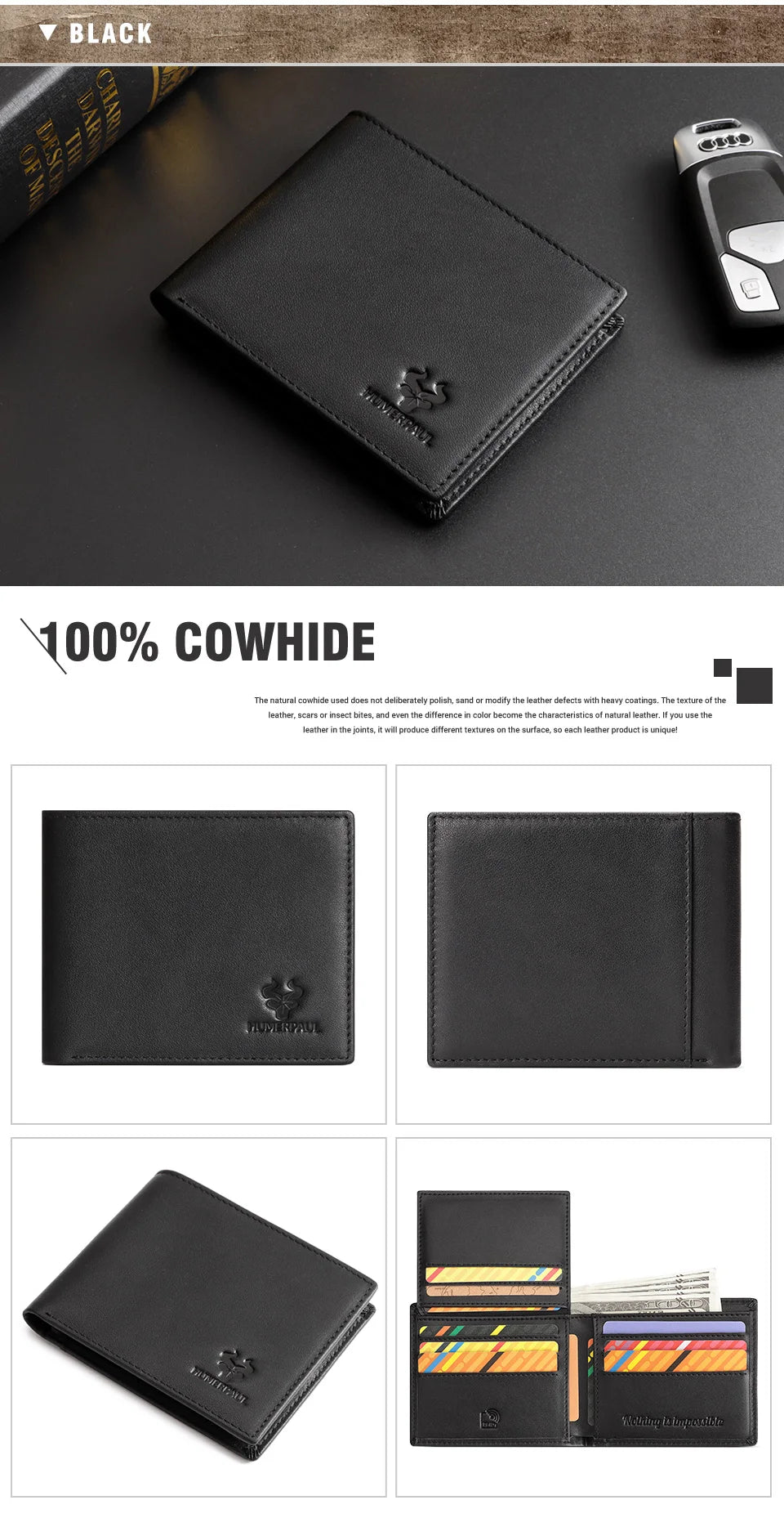KAVIS Handmade Men's Wallet Genuine Leather RFID Card Holder with ID Window Large Capacity Male Storage Money Bag Fashion