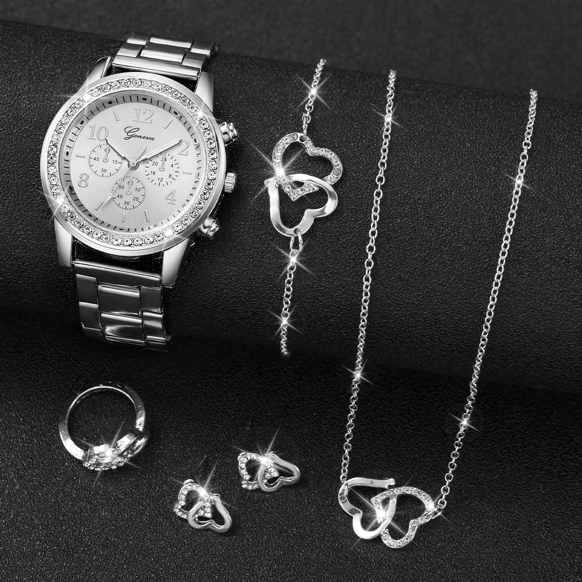 6PCS Women's Rhinestone Quartz Watch Set with Stainless Steel Band - Smarsty