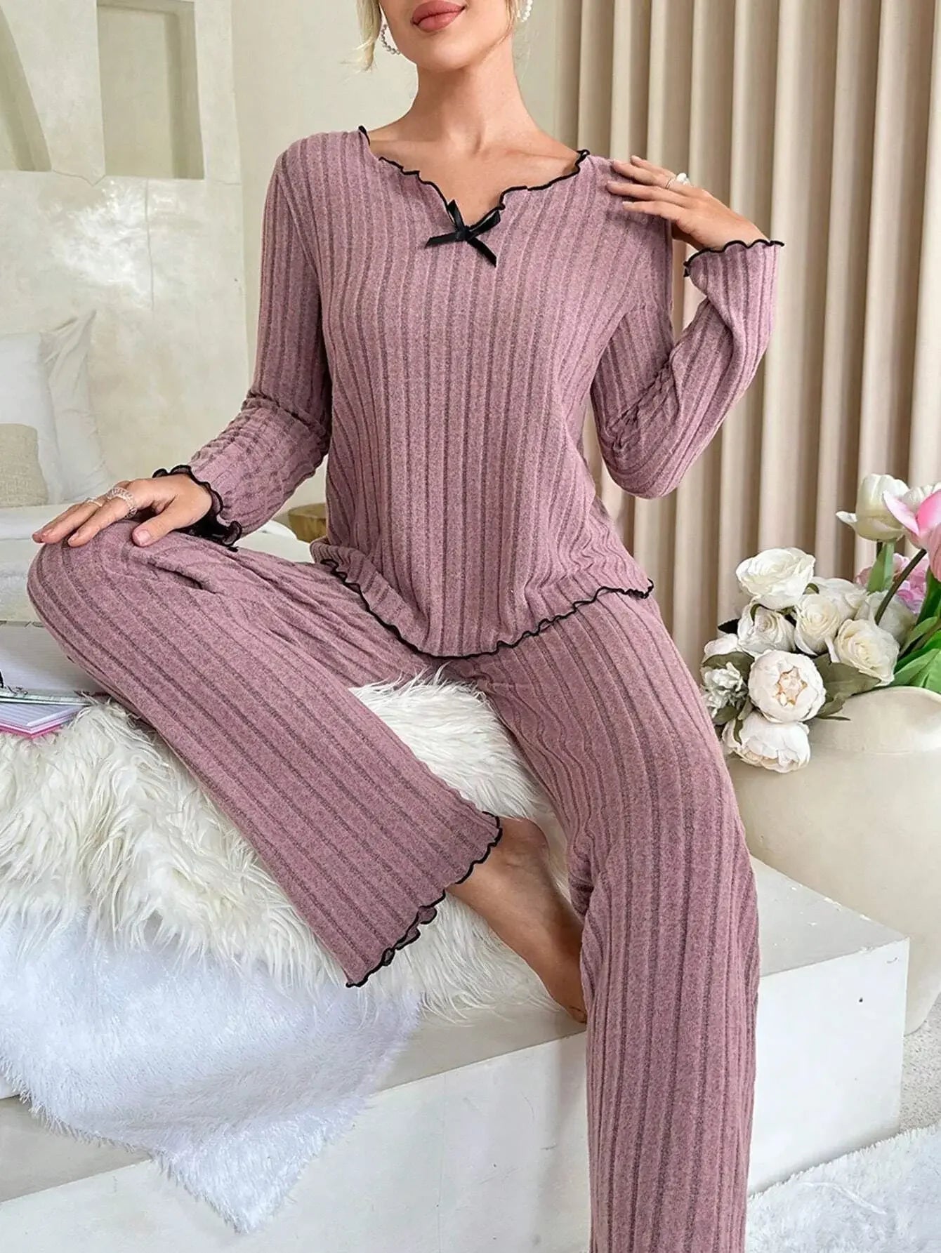 Women Autumn Winter Sleepwear Ribbed Pajamas Set Long Sleeve Top and Long Pants 2 Piece Set Casual Homewear Loungewear - Smarsty