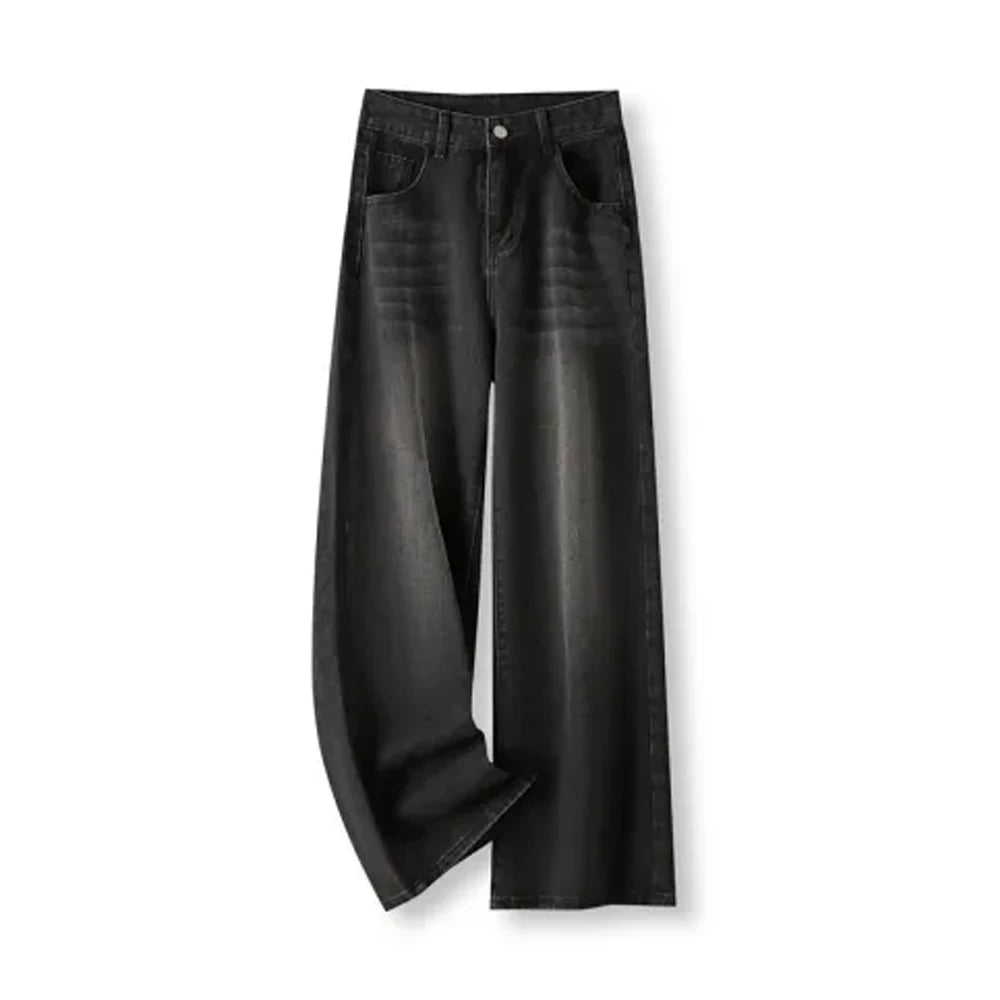 Korean Vintage High Waist Women's Jeans Y2K Slimming Pear-Shaped Loose Straight Bell Bottoms Black Gray Baggy Denim Trousers - Smarsty