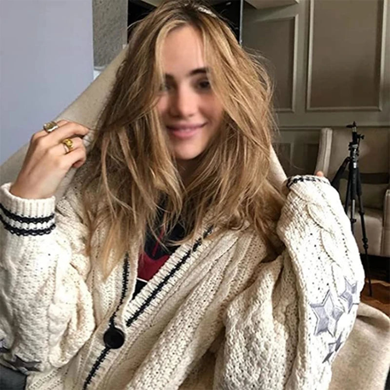 Women Winter Loose Knitted Cardigans Coat Star Embroidery Y2K Sweaters Streetwear Vintage Casual Single Breasted Long Sleeve Top - Smarsty