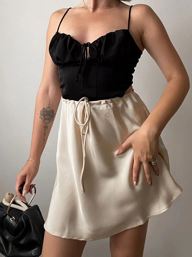 Satin Mini Skirts Women Summer Beige Silk Short Skirt For Woman Drawstring High Waist Black Satin Skirt A Line Women Short 2025 - Smarsty