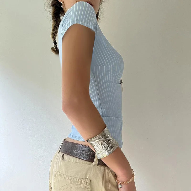 Sweetown Blue Stripe Short Sleeve Shirts For Women Button Up Turn Down Collar Slim Simple Casual Preppy Tops Basic Summer Tees - Smarsty