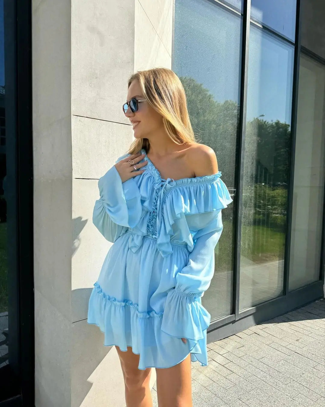 Tossy Ruffled V-Neck White Mini Dress Female Patchwork Long Sleeve Elegant Bandage Fashion Dress High Waist Lace-Up Women Dress - Smarsty