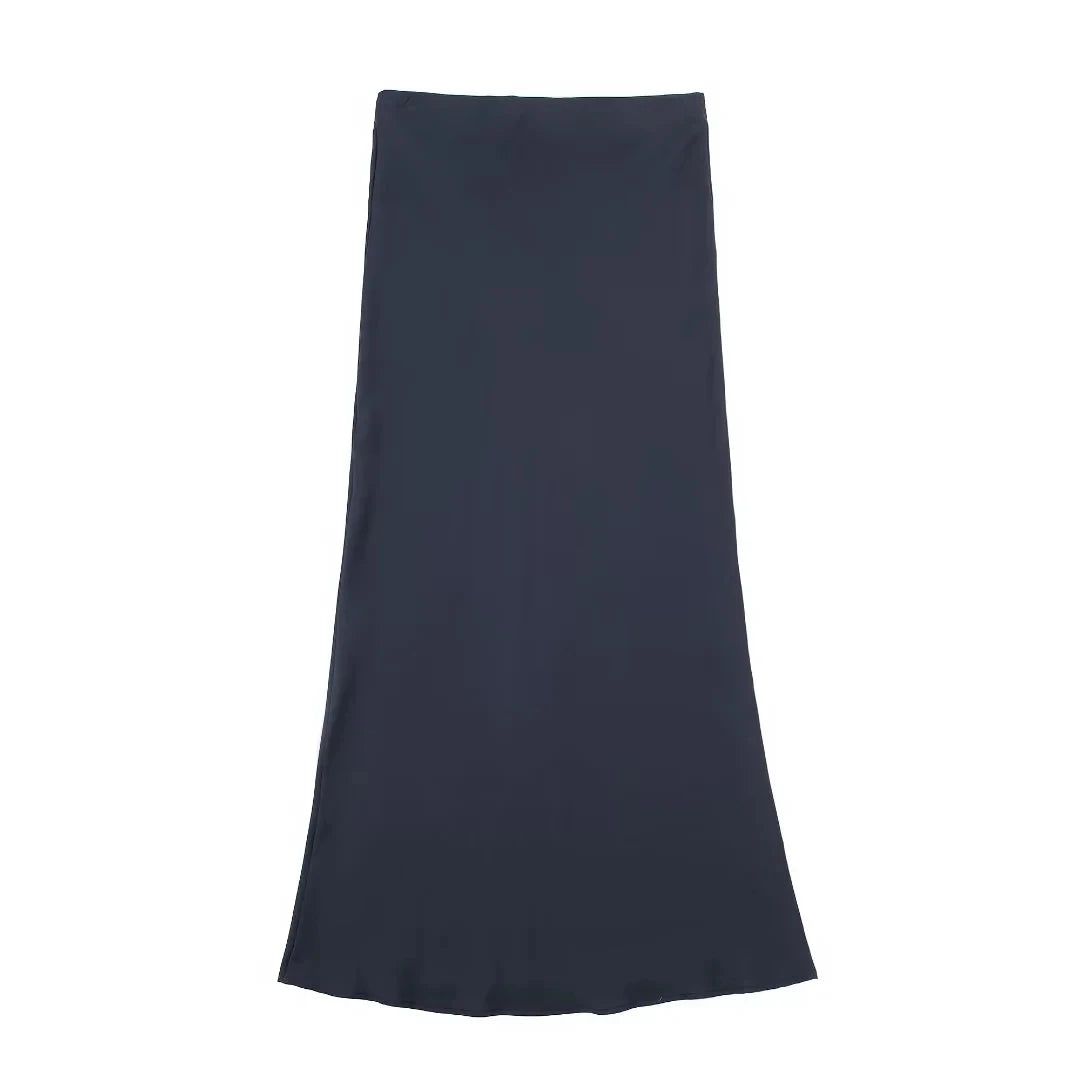 TRAFZA 2024 Y2K Casual Women Long Skirt Spring Elastic High Waisted A-Line Casual Female Satin Skirts High Street Lady Skirts - Smarsty