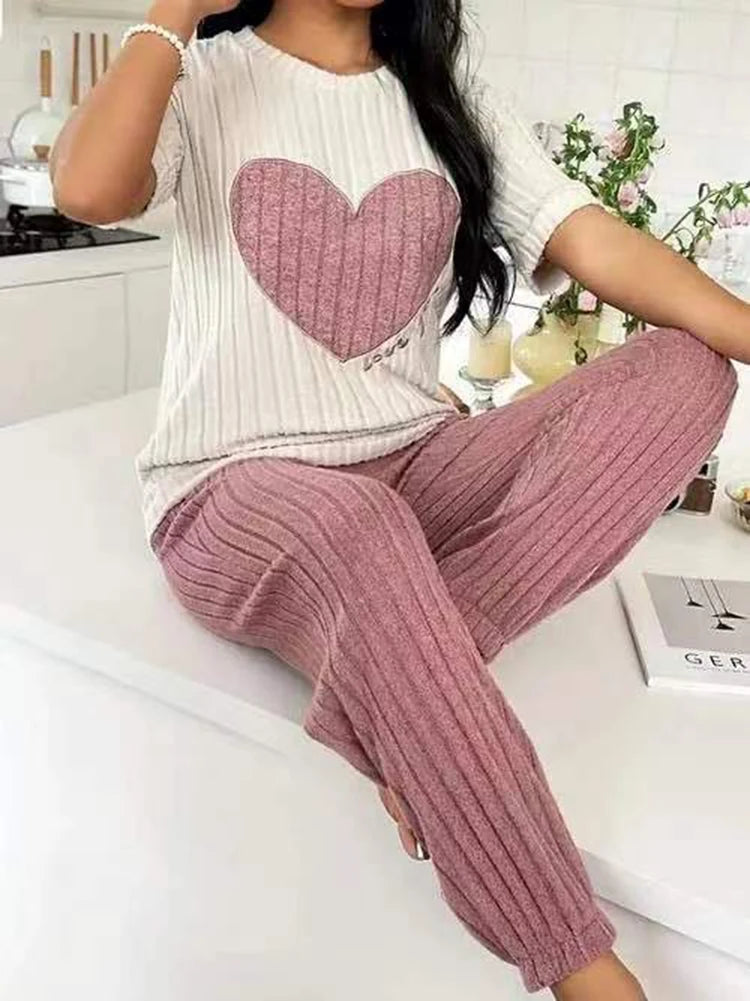 Women's new style pajamas set heart pattern short sleeve shirt trousers two-piece simple and lovely casual home wear - Smarsty