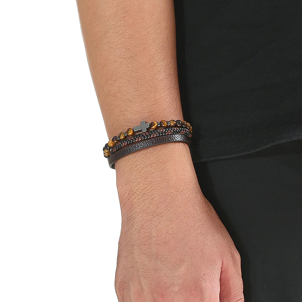 Men Leather Bracelet with Tiger Eye Beads Stylish Gift - Smarsty