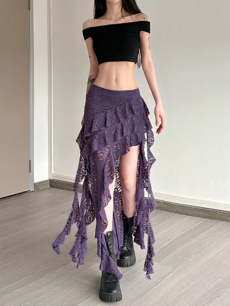 Nibber Tassels Women Skirts Irregular Hem Multi-Layered Ruffles Lace Patchwork Sweet Summer Trend Daily Skinny Versatile Bottoms - Smarsty