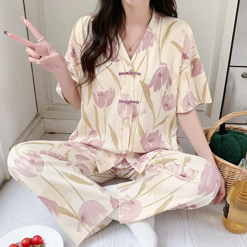 Pigma For Women Cotton Pajama Sleepwear Big Size Pajamas Nightwear Summer Women's Short Sleeved Long Pants Cardigan Pajama Set - Smarsty