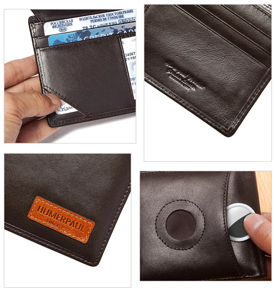 HUMERPAUL Airtag Wallet For Men Real Leather RFID Trifold Card Holder Case with ID Window Slim Anti-lost Purse - Smarsty