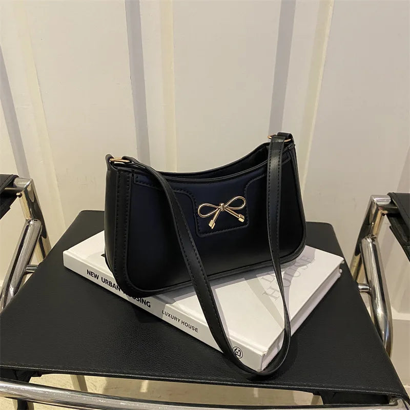 Metal Bow Shoulder Bag For Women With Classic Baguette - Smarsty