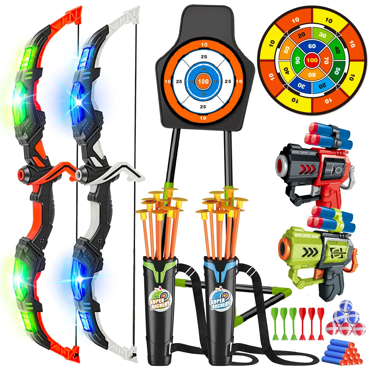 VATOS 2X Bow Arrow + Guns Toy For Kids Night-Light Archery Stand Target Board Indoor Outdoor Game Toys Boys Girls Christmas Gift