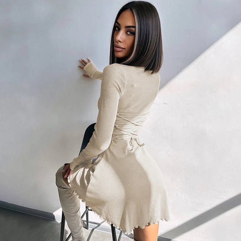 Dulzura Women 2024 Spring Autumn Fashion Long Sleeve Knitted Streetwear Bodycon Short Mini Dress Wholesale Items For Business - Smarsty