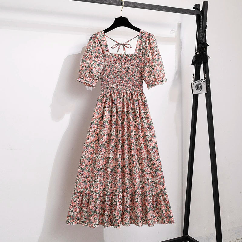 Spring Summer Chiffon Dresses Fashion Female Elastic Waist Short Sleeve Pleated Casual Dress Women A-line Dresses Vestidos - Smarsty
