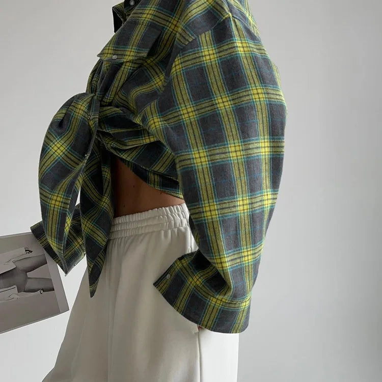 Oversized Plaid Shirt Autumn Winter Women Vintage Long Sleeve Fashion Loose Lapel Pocket Shirt Fit Blouse Korean Style - Smarsty