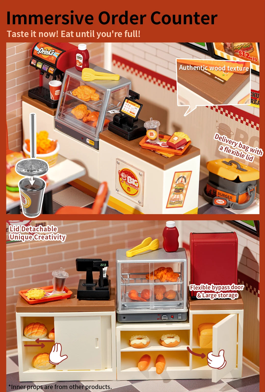 Robotime Rolife Super Creator Series Plastic Dollhouse Building Blocks for Kids Yum Burgers Leisurely Cheers Bar Sweet Sips Tea