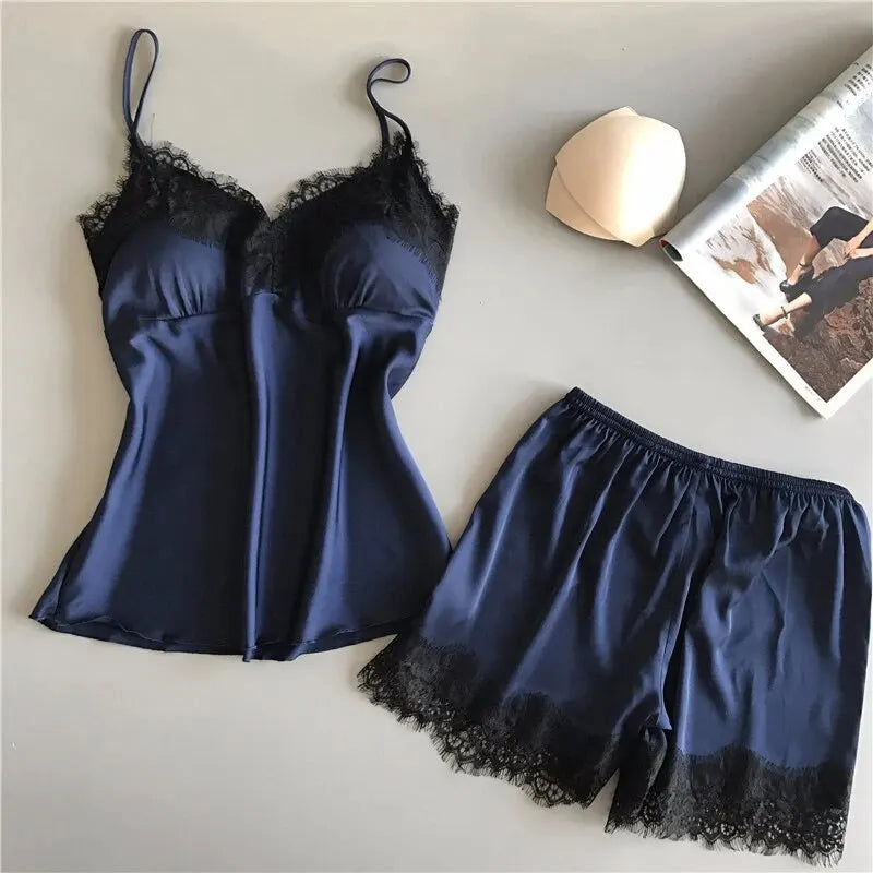 Women Pajama Suit Fashion V-Neck Lace Sexy Lingerie Pyjamas Sleep Shorts Set Sleepwear New - Smarsty