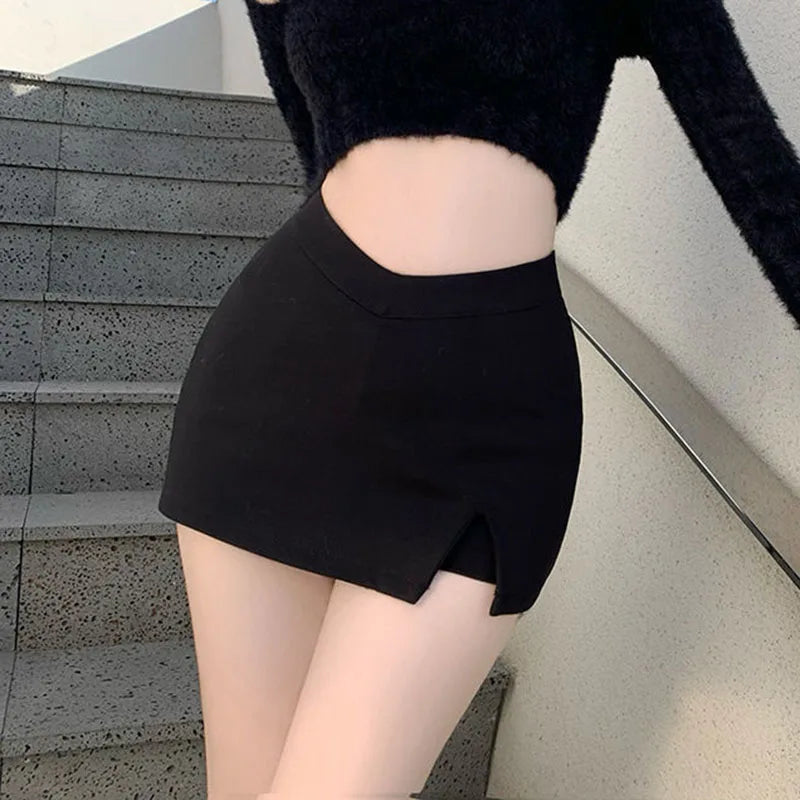 Black Split Mini Skirts Women Summer Sexy Club High Waist Slit Skirt Streetwear Korean Party Fashion Irregular Slim A Line Skirt - Smarsty