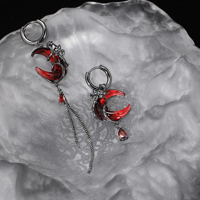 Red Moon Gem Asymmetric Earrings for Unique Punk Style - Smarsty
