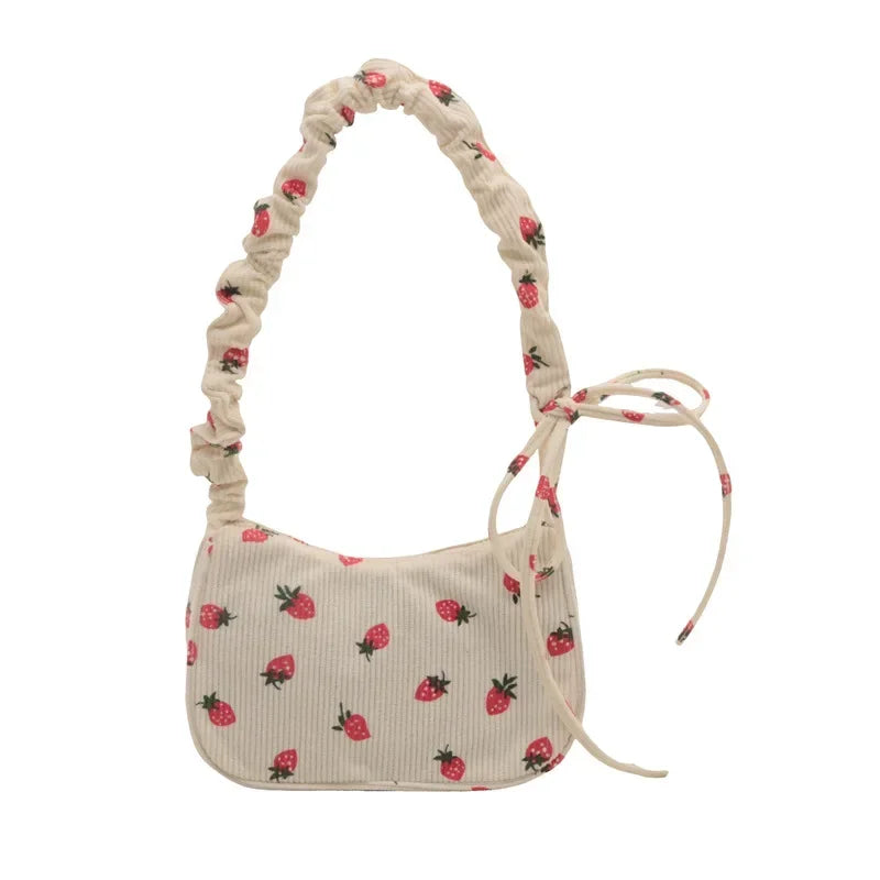 Corduroy Underarm Bag For Women Strawberry Print Mini Tote - Smarsty