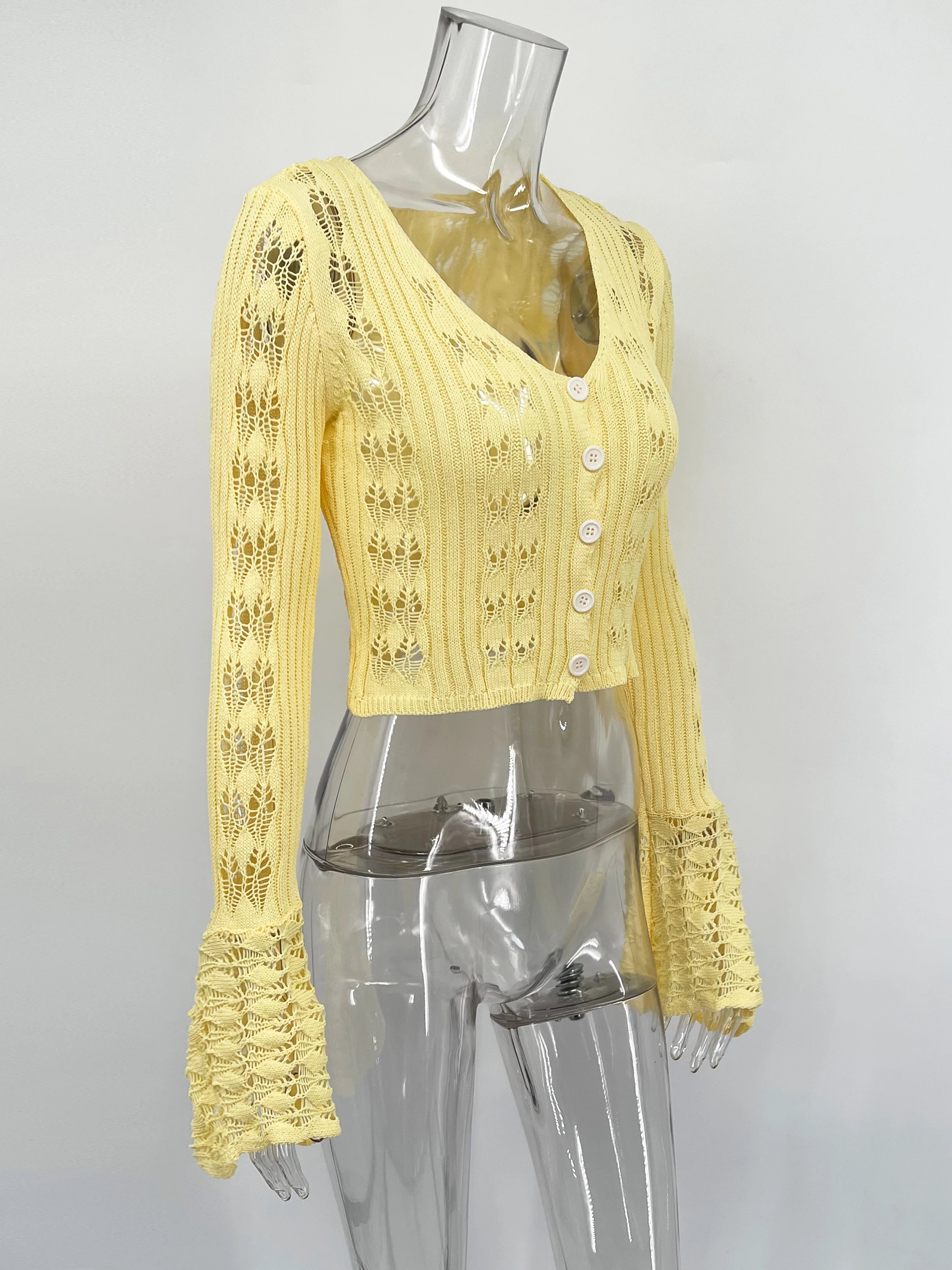 Tossy Knitwear Hollow Out Sweater Cardigan Women V-Neck Long Sleeve See-Through Cropped Top Summer Knit Patchwork Cardigan Top - Smarsty