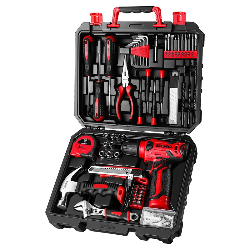 DEKO Drill Set Tool Set with 8V Red Cordless Drill, Home Tool Kit with Drill, Hand Tool Kits for Women 126 Piece