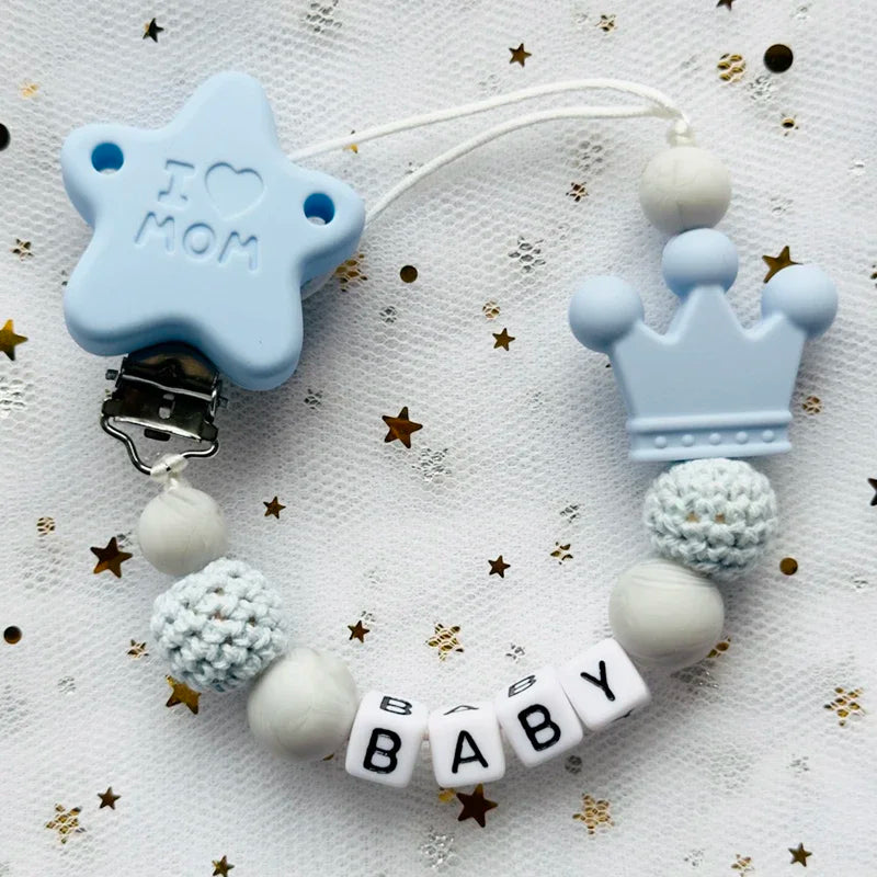 NEW Custom Personalized Name Pacifier Clip Handmade Beech Wooden Chain Silicone Crown Holder Soother Baby Teething Toy Chew Gift by Smarsty