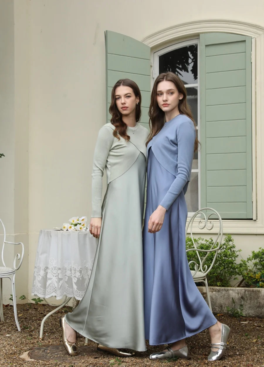 AS 2025 spring summer elegance satin dress + knitted top match set maxi floor length woman clothes